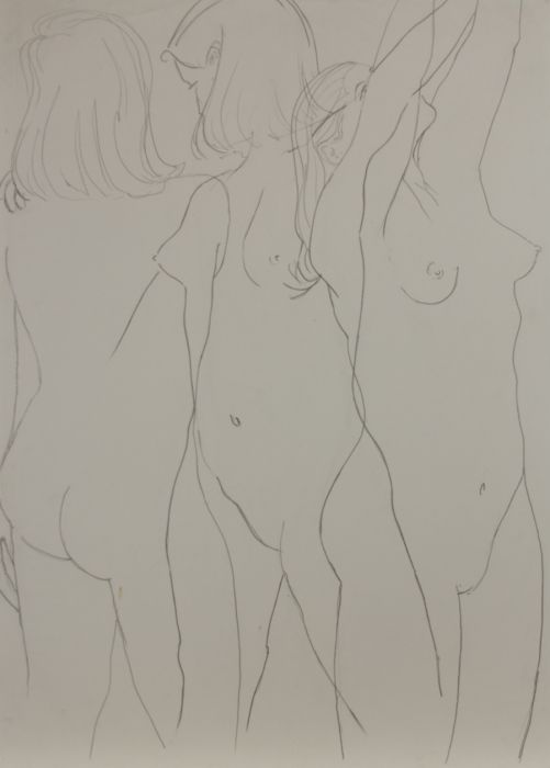 20th Century Graphite Drawing - Three Nude Ladies