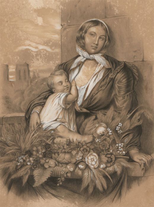 Fine 19th Century Charcoal Drawing - A Mother and Child