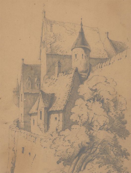 George de Paris - Signed 1876 Graphite Drawing, Scottish Castle