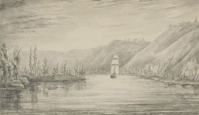 1842 Graphite Drawing - Sailing Ship in a Landscape