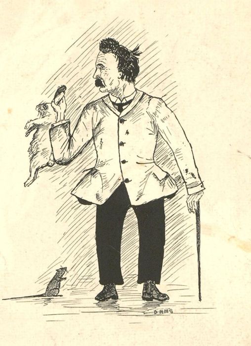 Mid 20th Century Pen and Ink Drawing - Man with Rat and Rabbit