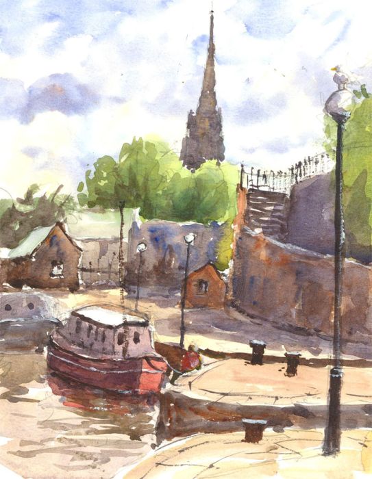 John A. Case - 20th Century Watercolour, Harbour Town With Boats