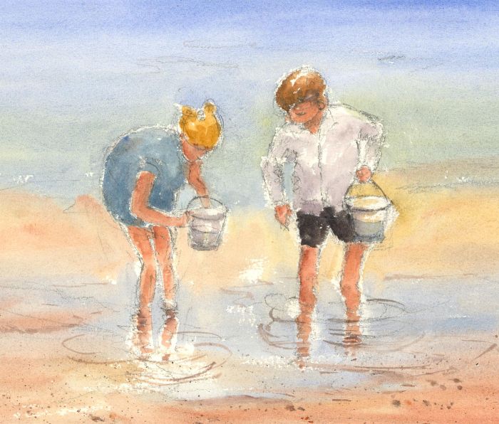 John A. Case - 20th Century Watercolour, Children On The Beach