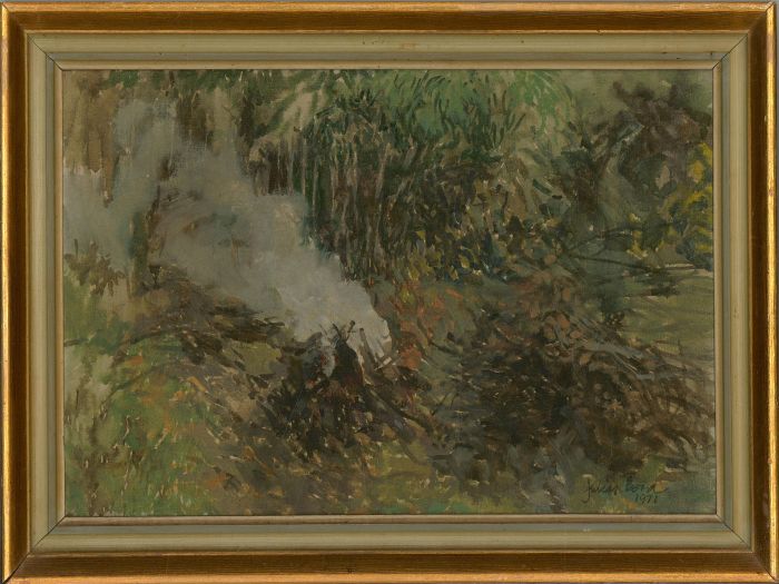 Julian Bond - Framed 1971 Acrylic, Clearing the Leaves