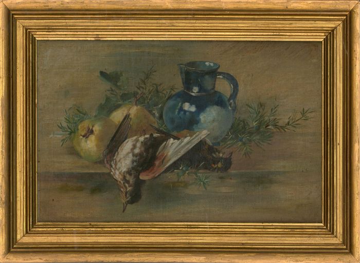 Late 19th Century Oil - Still Life with Game, Fruit and Blue Lustre Jug