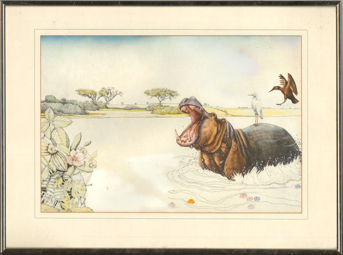 Mick Loates - Framed 20th Century Pen and Ink Drawing, The Hippo