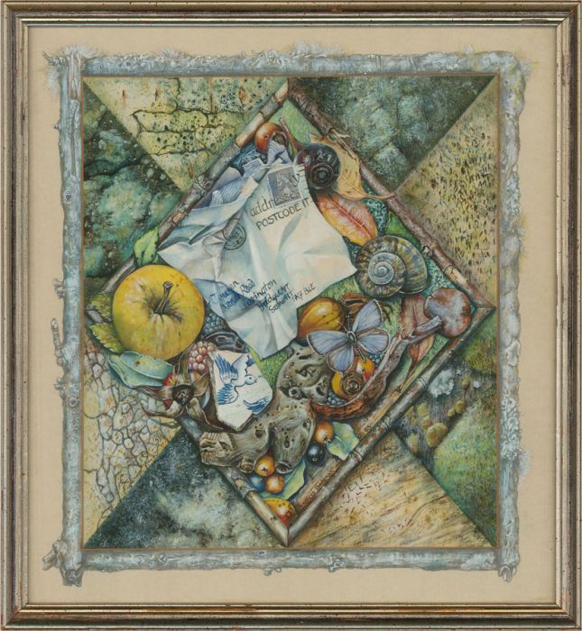 Frances Bedeman - Framed 1983 Gouache, Still Life Study, Insects & Fruit