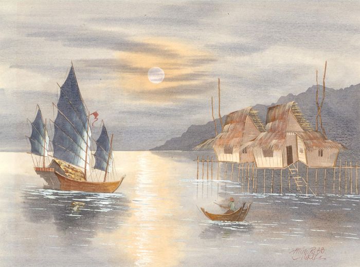 20th Century Watercolour - Chinese Boats at Night
