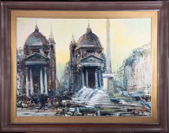 Large Impressionist 20th Century Oil - Piazza del Popolo Rome