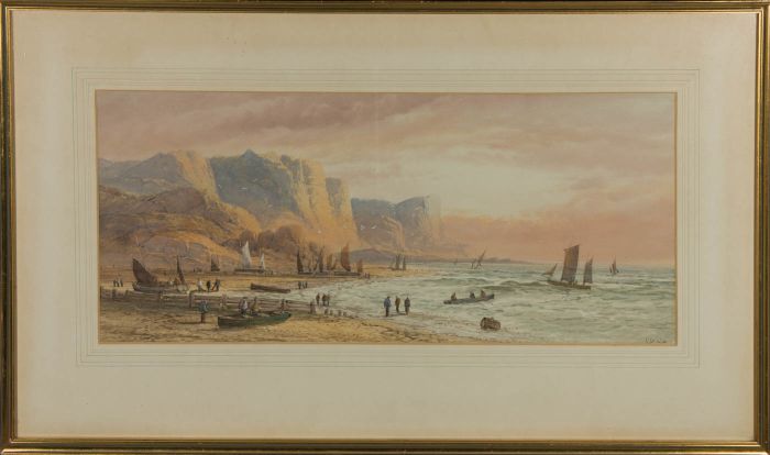 L. Lewis - 1900 Watercolour, Boats Heading Out To Sea At Sunrise