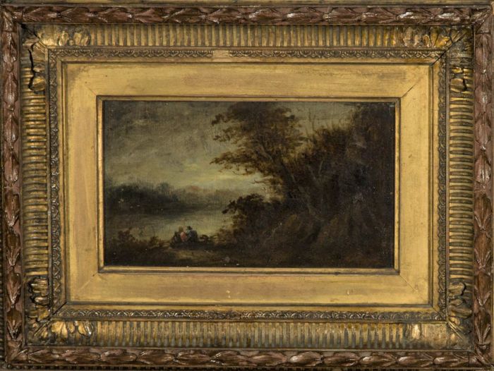 Small 19th Century Oil - Lakeside Woodland Couple