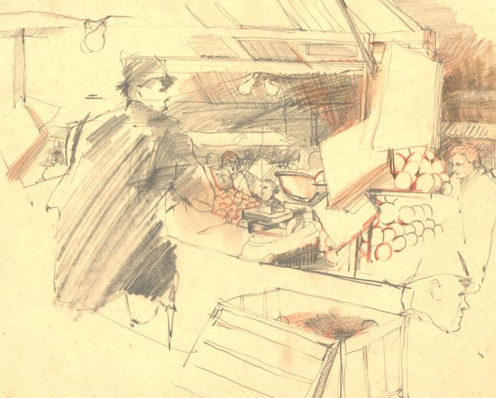 Mid 20th Century Graphite Drawing - Market Sellers
