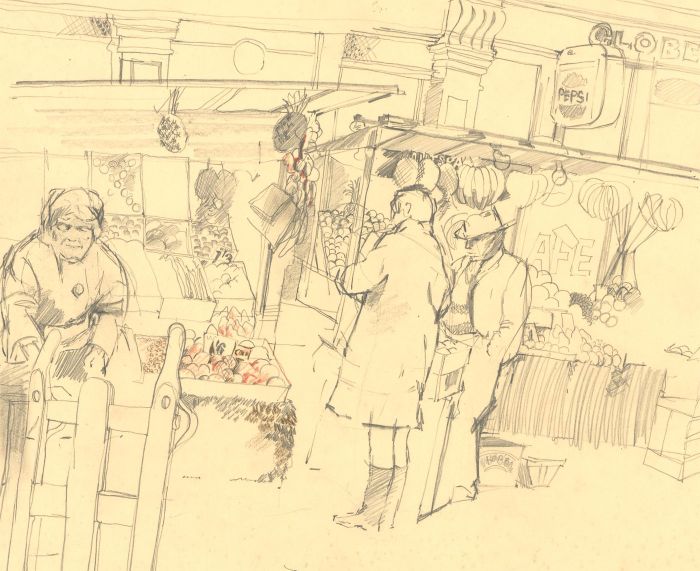 Mid 20th Century Graphite Drawing - At the Market