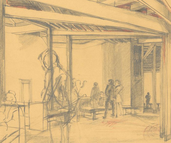 Mid 20th Century Graphite Drawing - Elephant Pavillion, Interior