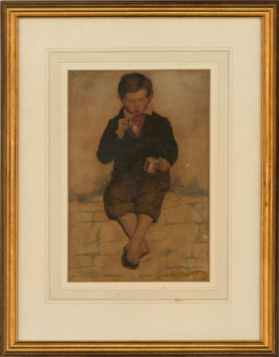Framed Mid 19th Century Watercolour - Young Boy Sitting on a Wall