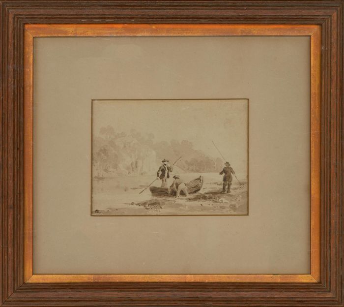 Framed 19th Century Watercolour - Three Fishermen