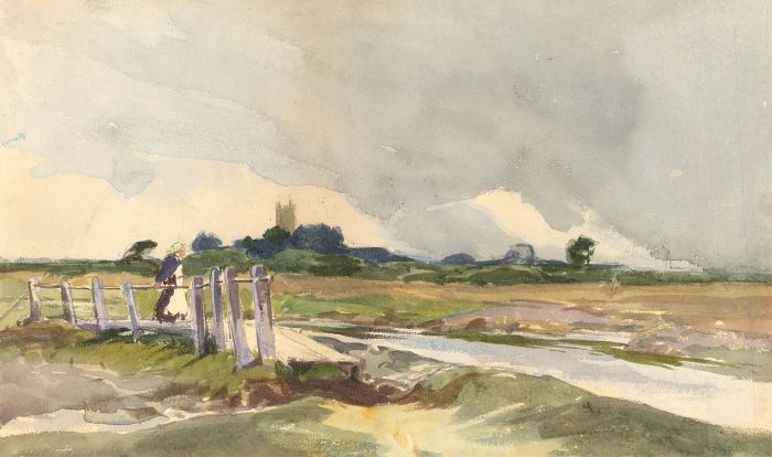 William Tatton Winter (1855-1928) - Watercolour, Landscape View with Figure