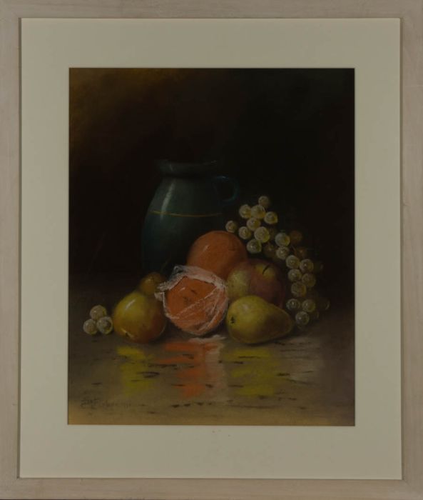D.A. Fisher - Framed 1911 Pastel, Still Life with Fruit