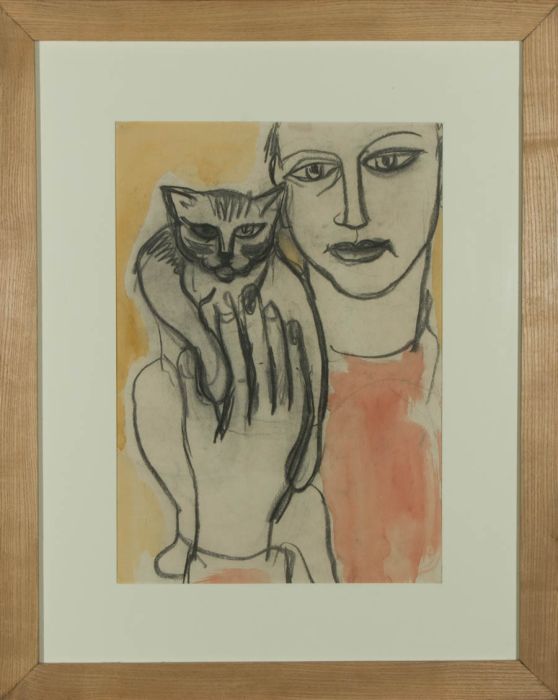 Eileen Bell - Framed 20th Century Charcoal Drawing, Portrait holding a cat