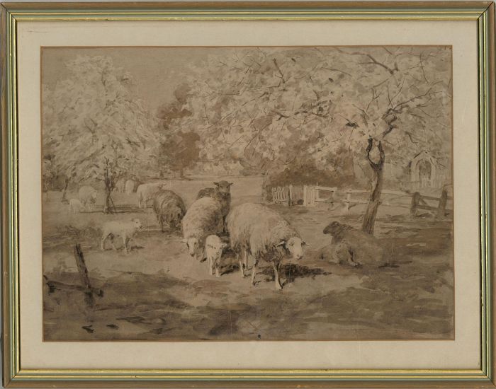 19th Century Watercolour - SHeep in a Summer Orchard