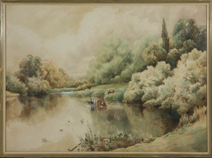 R. L. Browning - Signed & Framed 19th Century Watercolour, Cattle in the River