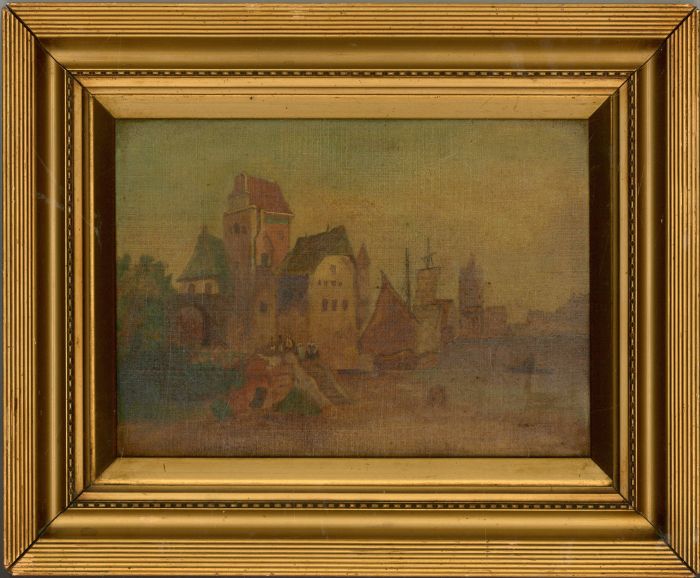 Framed 19th Century Oil - Riverside Town