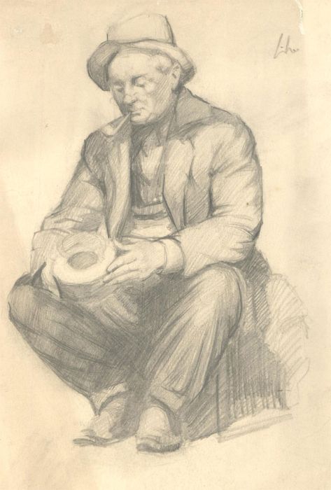 Early 20th Century Graphite Drawing - The Smoking Man