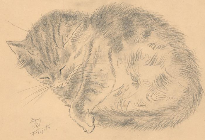 After Tsuguharu Foujita (1886–1968) -Early 20thC Graphite Drawing, Sleeping Cat