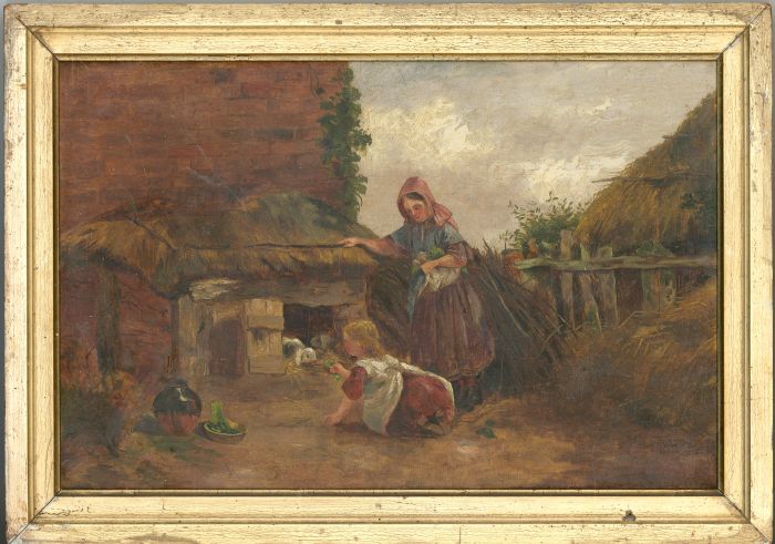 Framed 19th Century Oil - Feeding the Rabbits