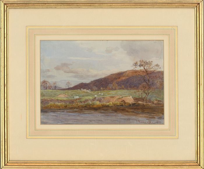 James Aumonier (1832–1911) - 1877 Watercolour, Sheep Grazing By The River