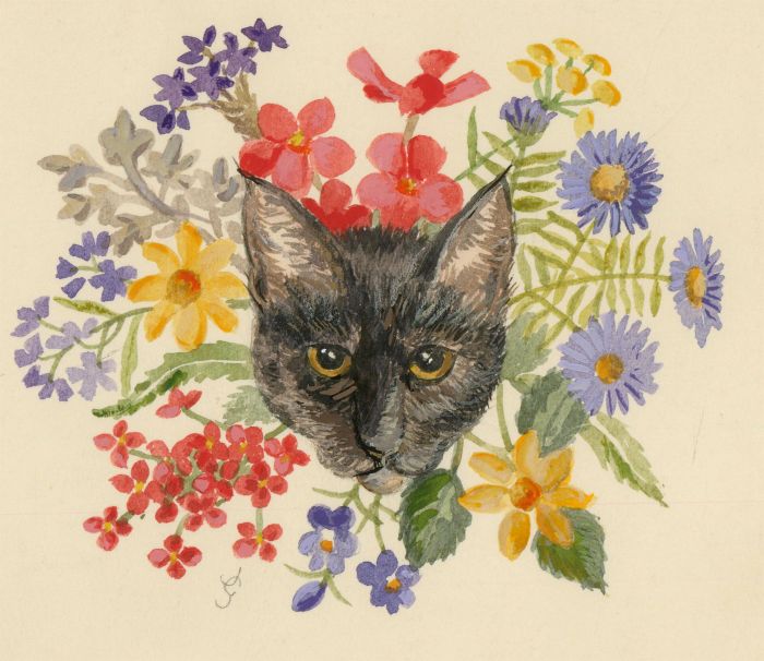 J.G. - 20th Century Watercolour, Cat and Flowers