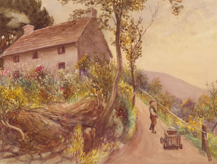 Attrib. William Maliphant (1862-1932)  - 1890 Watercolour, Young Boy by Cottage