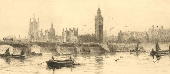 Frank Harding - Signed Turn of the Century Etching, Westminster Bridge