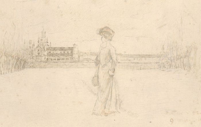 1874 Pen and Ink Drawing - Lady with Church in the Distance