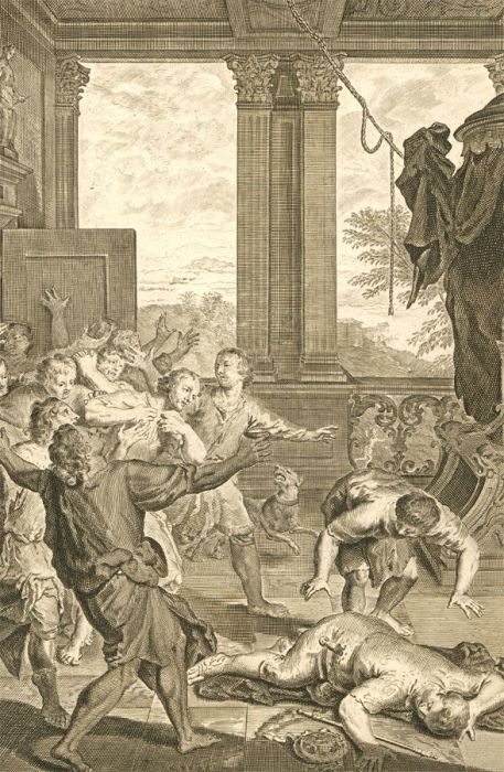 Dutch Bible Scenes - 1720 Engraving, Eglon King of the Moabites Kill'd