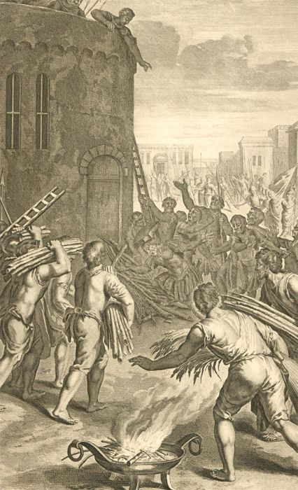 Dutch Bible Scenes - 1720 Engraving, Abimelech Kill'd by a Millstone