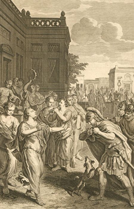 Dutch Bible Scenes - 1720 Engraving, Sephthah's Daughter Meets Him