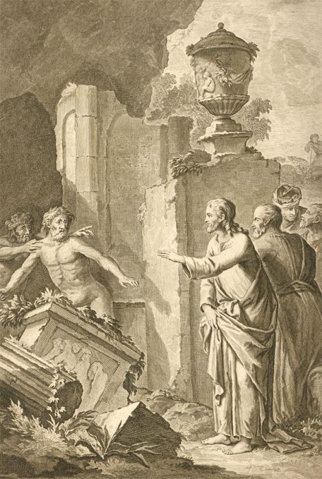 Dutch Bible Scenes - 1720 Engraving, The Possessed with Devils