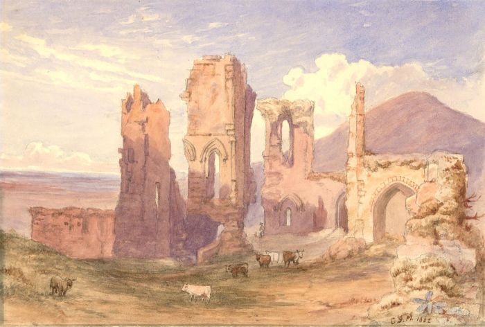 C.J.M - Signed 1862 Watercolour, Ruins of the Chapel, Corfe Castle