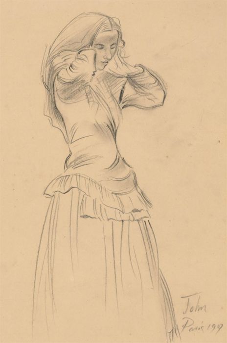 John Paris - 1907 Graphite Drawing, Adjusting the Head Scarf