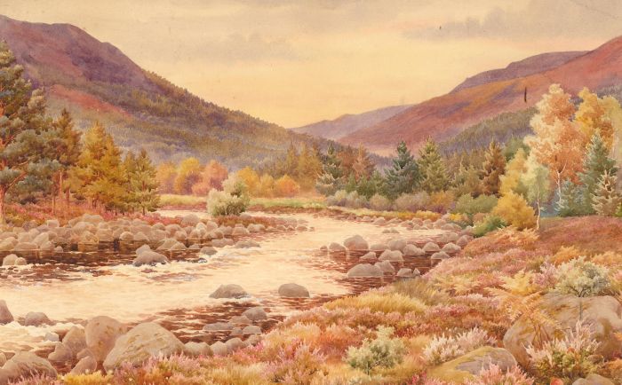 Signed 1881 Watercolour - Autumn River