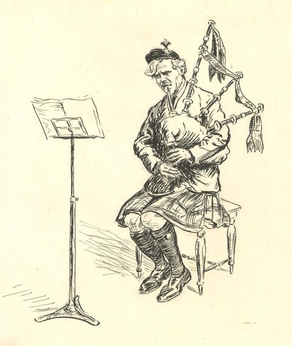 Early 20th Century Pen and Ink Drawing - The Bagpipe Player