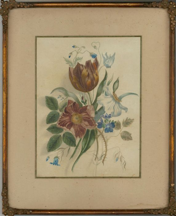 Framed Victorian Mid 19th Century Watercolour - Floral Study with Blue Flowers