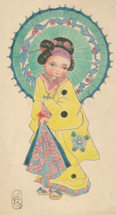 Early 20th Century Watercolour - Geisha with Parasol