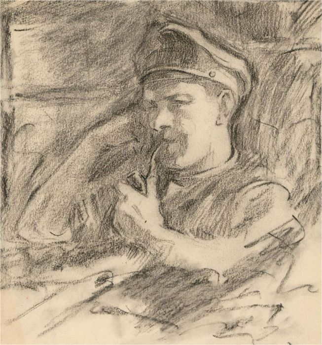 Early 20th Century Charcoal Drawing - The Captain Contemplates