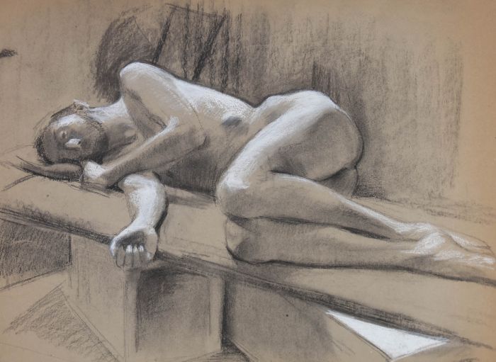 Jane Bond RP NEAC - 20th Century Charcoal Drawing, Reclined Male Nude