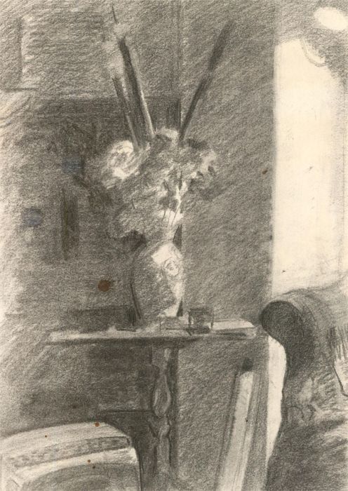 Jane Bond RP NEAC - 20th Century Graphite Drawing, Flowers in the Lounge