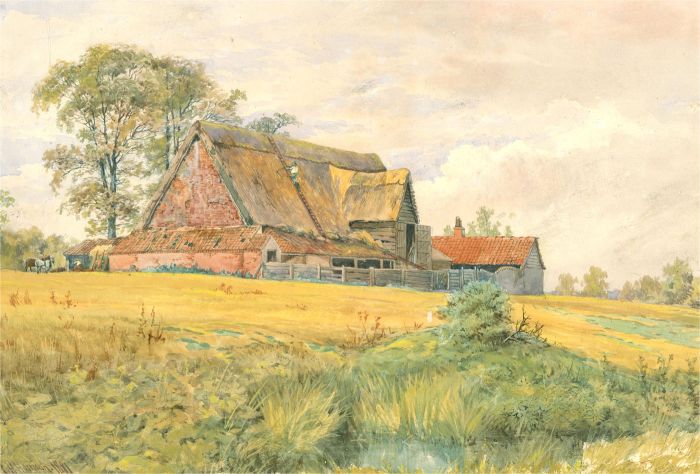 Charles Harmony Harrison - Signed 1881 Watercolour, Thatching the Barn