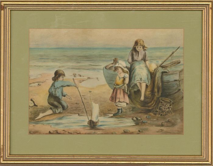 Framed Late 19th Century Watercolour - A Day at the Beach