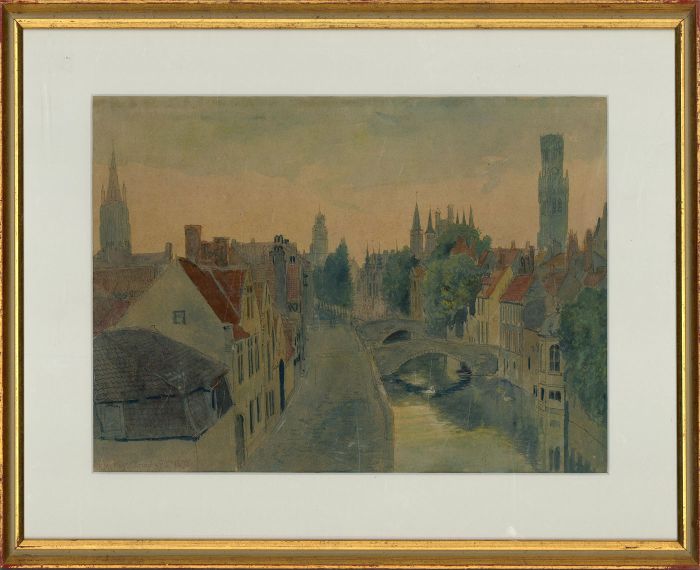P.M. Roy - Framed 1898 Watercolour, View of Bruges
